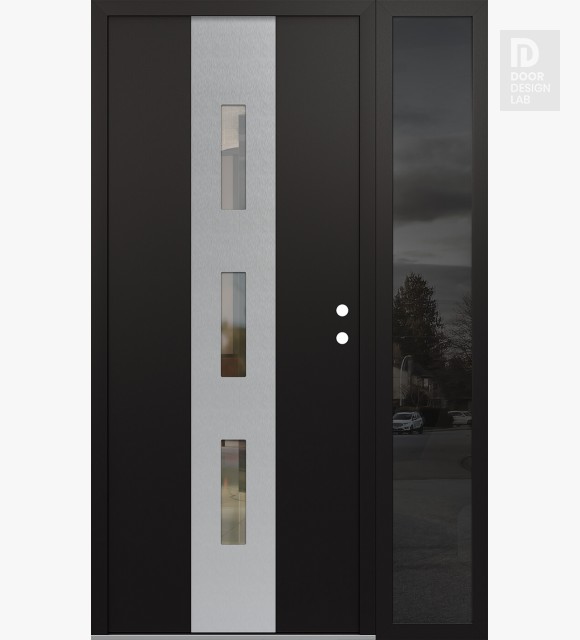 Modern Steel Front Door DIAMOND A7 52" X 80" BLACK/BLACK CLEAR GLASS PANEL STAINLESS STEEL LHI WITH SIDELITE MIRRORED GLASS