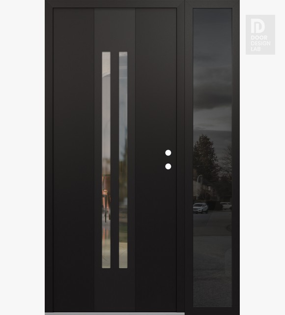 Modern Steel Front Door DIAMOND A8 50" X 80" BLACK/BLACK CLEAR GLASS PANEL BLACK LHI WITH SIDELITE MIRRORED GLASS