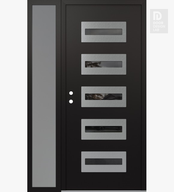 Modern Steel Front Door Diamond D4 52" x 80" black/black mirrored Glass Panel stainless steel RHI with Sidelite frosted Glass
