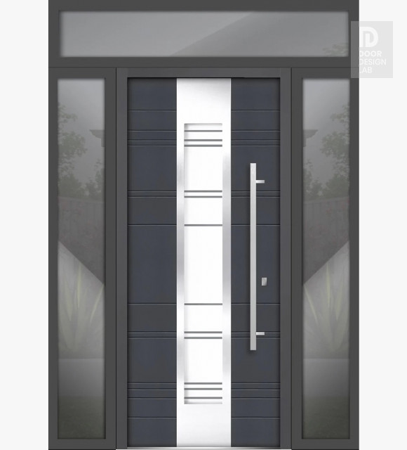 Front Exterior Prehung Steel Door / Deux 0757 Gray Graphite / 2 Side and Top Exterior Window / Stainless Inserts Single Modern Painted-W16+36+16" x H80+16"-Left-hand Inswing