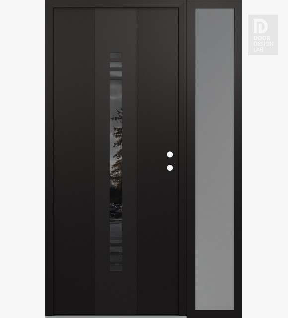 Modern Steel Front Door DIAMOND A5 50" X 80" BLACK/BLACK MIRRORED GLASS PANEL BLACK LHI WITH SIDELITE FROSTED GLASS