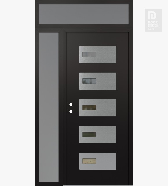 Modern Steel Front Door Diamond D7 48" x 96" black/black clear Glass Panel stainless steel RHI with Sidelite and Transom frosted Glass