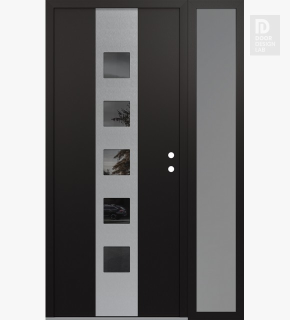Modern Steel Front Door DIAMOND A13 50" X 80" BLACK/BLACK MIRRORED GLASS PANEL STAINLESS STEEL LHI WITH SIDELITE FROSTED GLASS