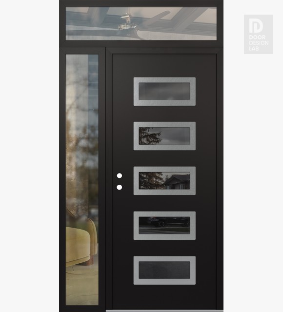 Modern Steel Front Door Diamond D1 50" x 96" black/black mirrored Glass Panel stainless steel RHI with Sidelite and Transom clear Glass