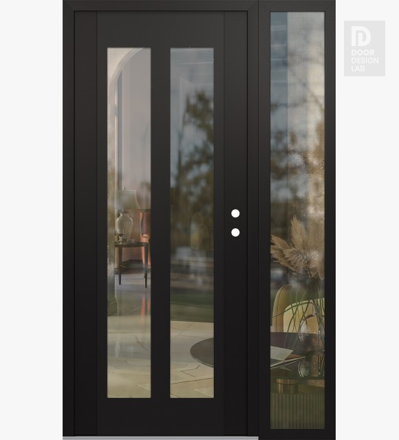 Modern Steel Front Door Diamond C14 52" x 80" black/black clear Glass Panel black LHI with Sidelite clear Glass