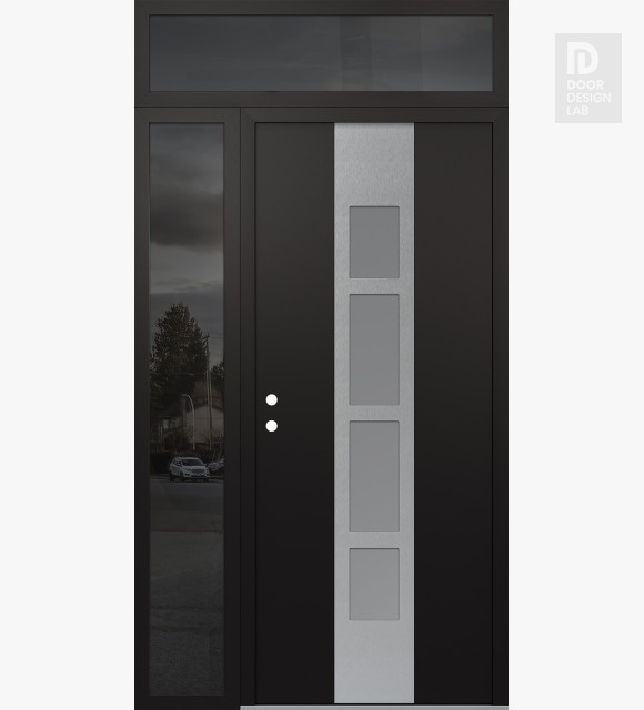 Modern Steel Front Door DIAMOND A10 50" X 96" BLACK/WHITE FROSTED GLASS PANEL STAINLESS STEEL RHI WITH SIDELITE AND TRANSOM MIRRORED GLASS