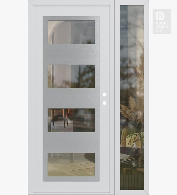 Modern Steel Front Door Diamond C2 48" x 80" white/white clear Glass Panel stainless steel LHI with Sidelite clear Glass