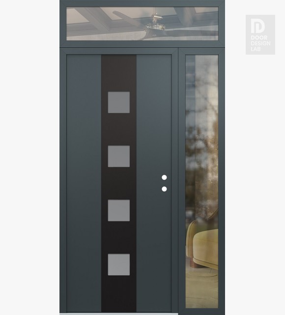 Modern Steel Front Door DIAMOND A12 52" X 96" ANTHRACITE/ANTHRACITE FROSTED GLASS PANEL BLACK LHI WITH SIDELITE AND TRANSOM CLEAR GLASS
