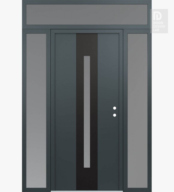 Modern Steel Front Door DIAMOND A2 68" X 96" ANTHRACITE/ANTHRACITE FROSTED GLASS PANEL BLACK LHI WITH 2 SIDELITES AND TRANSOM FROSTED GLASS