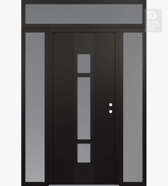 Modern Steel Front Door DIAMOND A9 60" X 96" BLACK/WHITE FROSTED GLASS PANEL BLACK LHI WITH 2 SIDELITES AND TRANSOM FROSTED GLASS