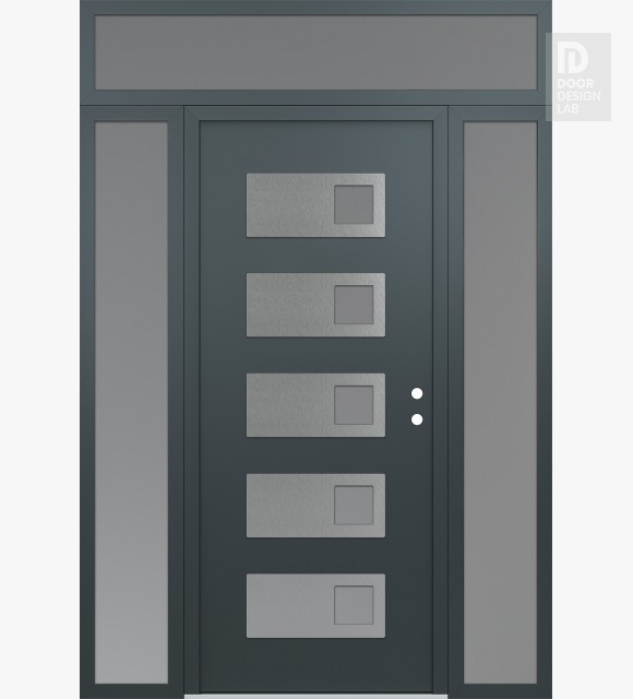 Modern Steel Front Door Diamond D2 68" x 96" anthracite/anthracite frosted Glass Panel stainless steel LHI with 2 Sidelites and Transom frosted Glass