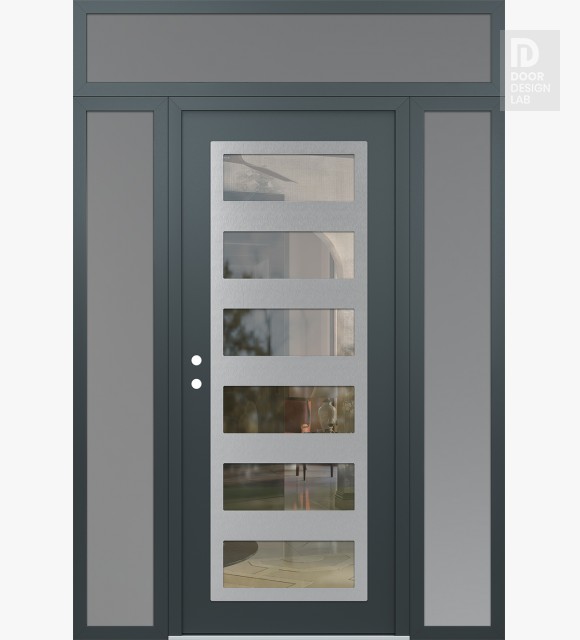 Modern Steel Front Door Diamond C9 60" x 96" anthracite/anthracite clear Glass Panel stainless steel RHI with 2 Sidelites and Transom frosted Glass