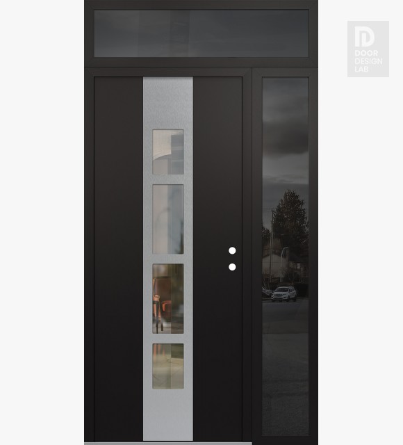 Modern Steel Front Door DIAMOND A10 52" X 96" BLACK/BLACK CLEAR GLASS PANEL STAINLESS STEEL LHI WITH SIDELITE AND TRANSOM MIRRORED GLASS