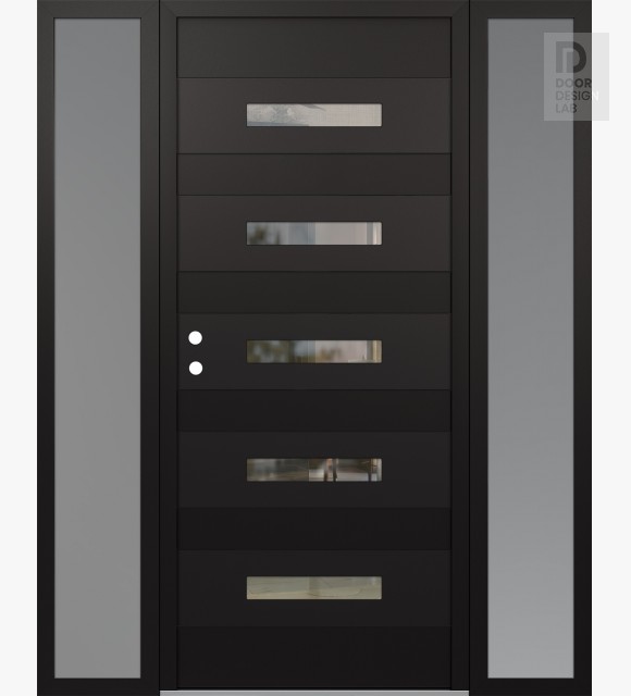 Modern Steel Front Door Diamond D9 64" x 80" black/black clear Glass Panel black RHI with 2 Sidelites frosted Glass