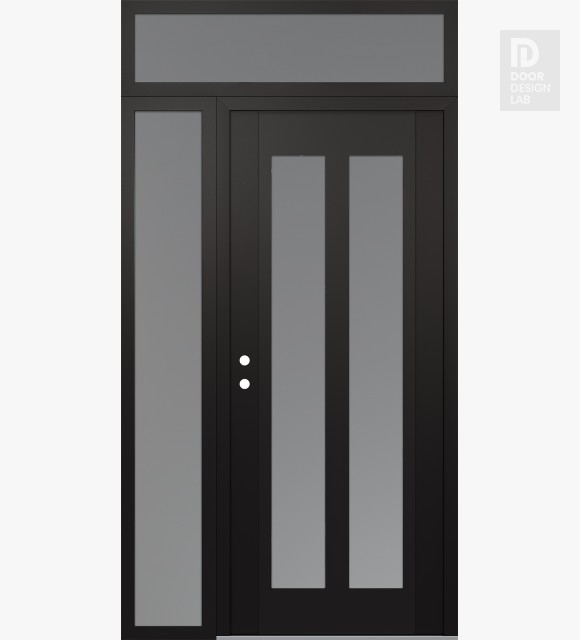 Modern Steel Front Door Diamond C14 52" x 96" black/white frosted Glass Panel black RHI with Sidelite and Transom frosted Glass