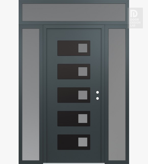Modern Steel Front Door Diamond D2 64" x 96" anthracite/anthracite frosted Glass Panel black LHI with 2 Sidelites and Transom frosted Glass