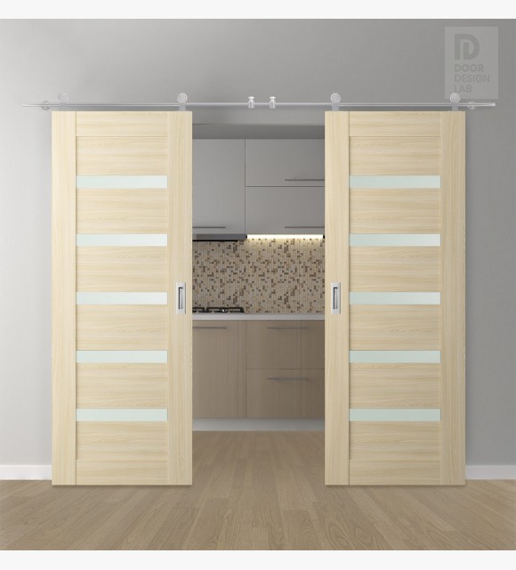 DOUBLE BARN DOOR AVON 07-04 VETRO LOIRE ASH 56" X 96" X 1 3/4" STAINLESS STEEL HARDWARE