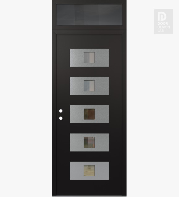 Modern Steel Front Door Diamond D8 36" x 96" black/black clear Glass Panel stainless steel RHI with Transom mirrored Glass