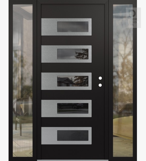 Modern Steel Front Door Diamond D3 64" x 80" black/black mirrored Glass Panel stainless steel LHI with 2 Sidelites clear Glass