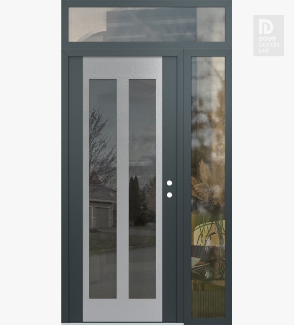 Modern Steel Front Door Diamond C14 48" x 96" anthracite/anthracite mirrored Glass Panel stainless steel LHI with Sidelite and Transom clear Glass
