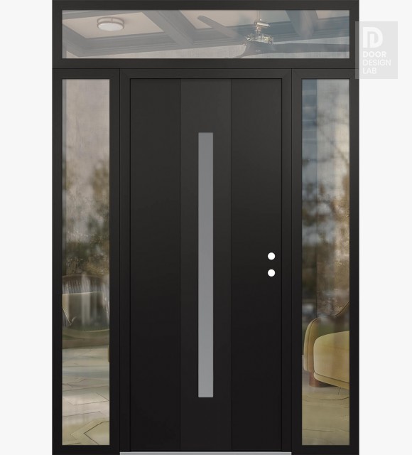 Modern Steel Front Door DIAMOND A2 60" X 96" BLACK/WHITE FROSTED GLASS PANEL BLACK LHI WITH 2 SIDELITES AND TRANSOM CLEAR GLASS