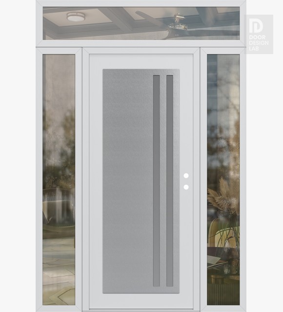 Modern Steel Front Door Diamond C6 68" x 96" white/white frosted Glass Panel stainless steel LHI with 2 Sidelites and Transom clear Glass