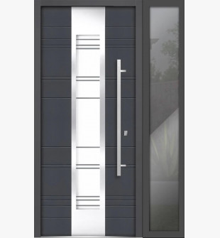Front Exterior Prehung Steel Door / Deux 0757 Gray Graphite / Side Exterior Window / Stainless Inserts Single Modern Painted-W36+14" x H80"-Left-hand Inswing