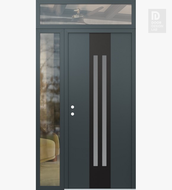 Modern Steel Front Door DIAMOND A8 48" X 96" ANTHRACITE/ANTHRACITE FROSTED GLASS PANEL BLACK RHI WITH SIDELITE AND TRANSOM CLEAR GLASS