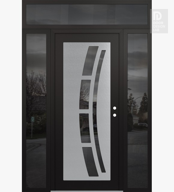 Modern Steel Front Door Diamond C12 64" x 96" black/black mirrored Glass Panel stainless steel LHI with 2 Sidelites and Transom mirrored Glass