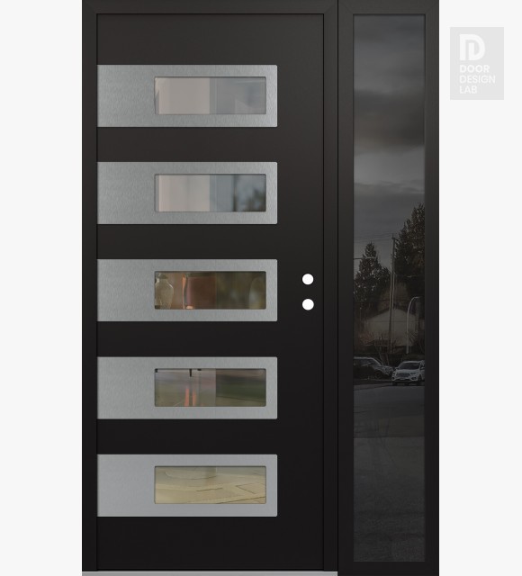 Modern Steel Front Door Diamond D3 50" x 80" black/black clear Glass Panel stainless steel LHI with Sidelite mirrored Glass