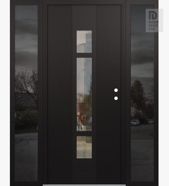 Modern Steel Front Door DIAMOND A9 64" X 80" BLACK/BLACK CLEAR GLASS PANEL BLACK LHI WITH 2 SIDELITES MIRRORED GLASS