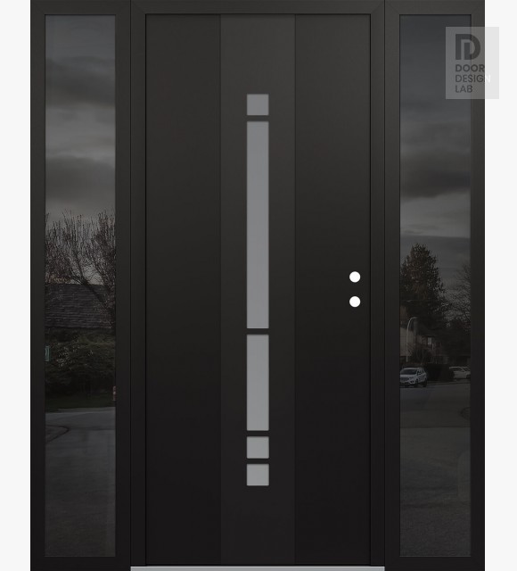 Modern Steel Front Door DIAMOND A3 64" X 80" BLACK/WHITE FROSTED GLASS PANEL BLACK LHI WITH 2 SIDELITES MIRRORED GLASS