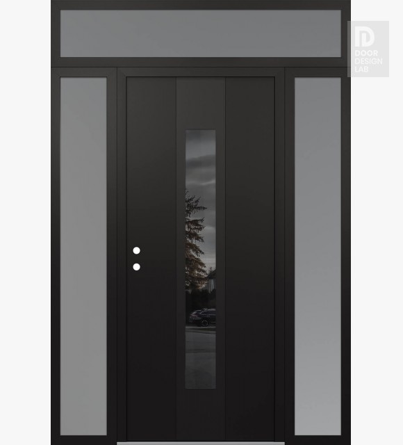 Modern Steel Front Door DIAMOND A1 68" X 96" BLACK/BLACK MIRRORED GLASS PANEL BLACK RHI WITH 2 SIDELITES AND TRANSOM FROSTED GLASS