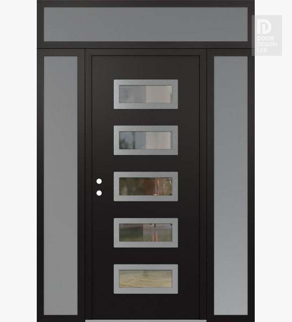 Modern Steel Front Door Diamond D1 60" x 96" black/black clear Glass Panel stainless steel RHI with 2 Sidelites and Transom frosted Glass