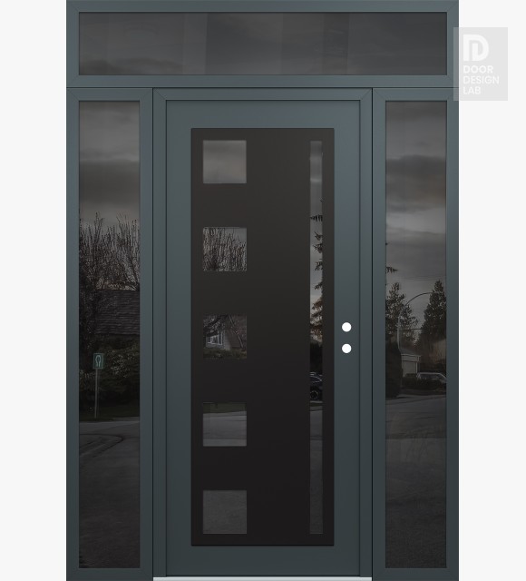 Modern Steel Front Door Diamond C3 68" x 96" anthracite/anthracite mirrored Glass Panel black LHI with 2 Sidelites and Transom mirrored Glass