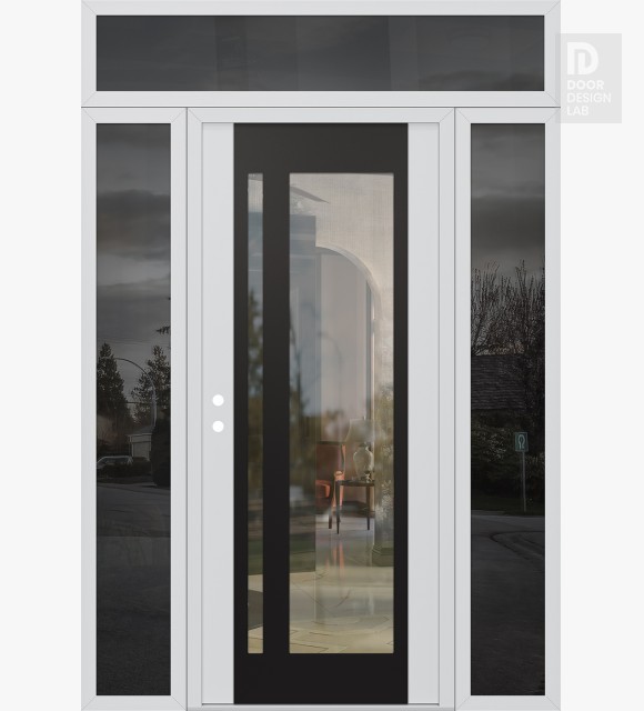 Modern Steel Front Door Diamond C15 64" x 96" white/white clear Glass Panel black RHI with 2 Sidelites and Transom mirrored Glass