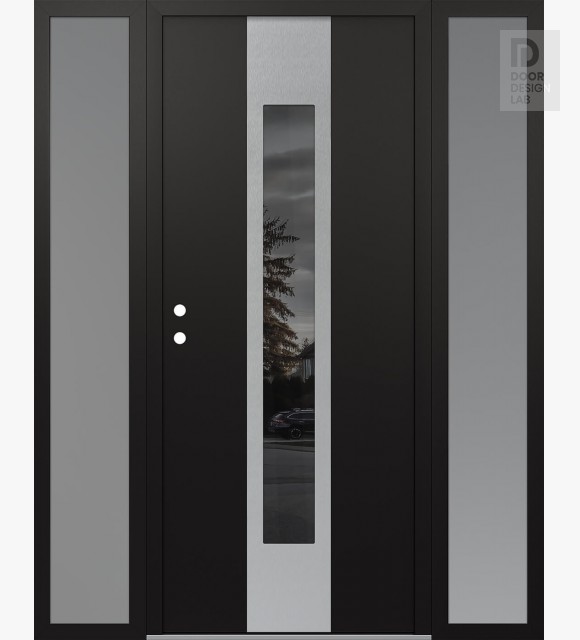 Modern Steel Front Door DIAMOND A1 60" X 80" BLACK/BLACK MIRRORED GLASS PANEL STAINLESS STEEL RHI WITH 2 SIDELITES FROSTED GLASS