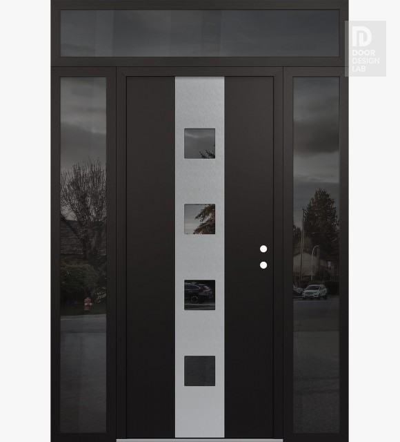 Modern Steel Front Door DIAMOND A12 64" X 96" BLACK/BLACK MIRRORED GLASS PANEL STAINLESS STEEL LHI WITH 2 SIDELITES AND TRANSOM MIRRORED GLASS