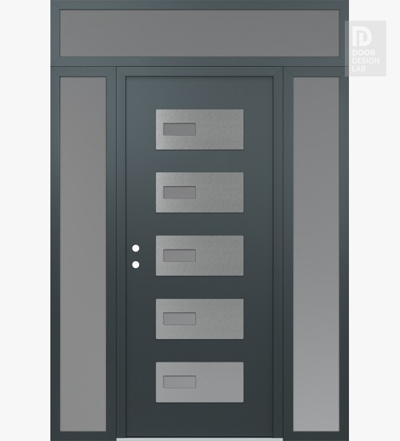 Modern Steel Front Door Diamond D7 64" x 96" anthracite/anthracite frosted Glass Panel stainless steel RHI with 2 Sidelites and Transom frosted Glass