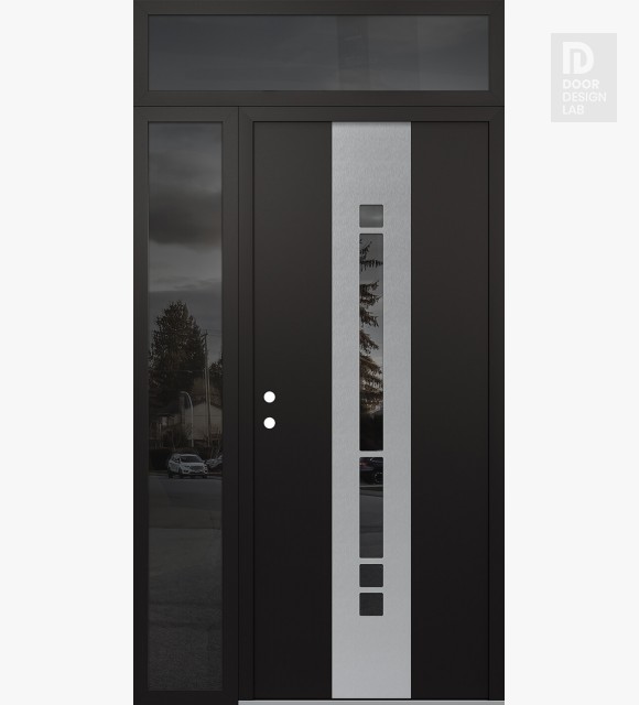 Modern Steel Front Door DIAMOND A3 48" X 96" BLACK/BLACK MIRRORED GLASS PANEL STAINLESS STEEL RHI WITH SIDELITE AND TRANSOM MIRRORED GLASS