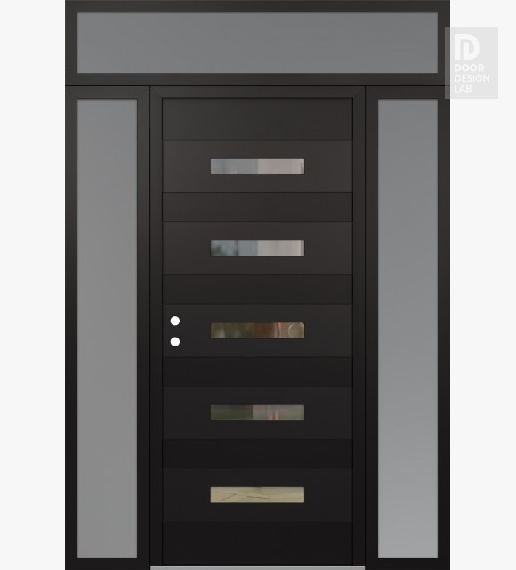Modern Steel Front Door Diamond D9 60" x 96" black/black clear Glass Panel black RHI with 2 Sidelites and Transom frosted Glass