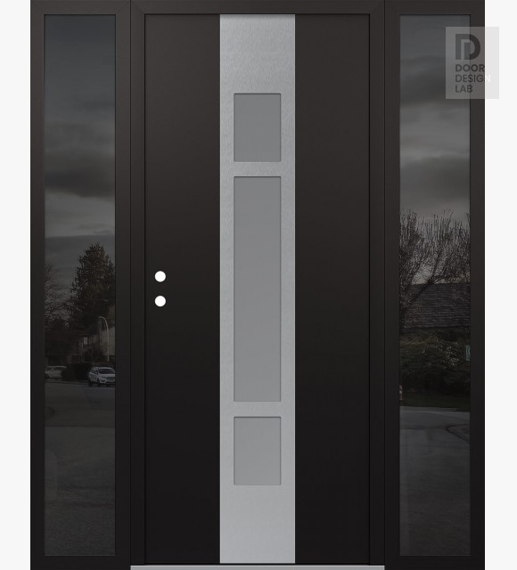 Modern Steel Front Door DIAMOND A9 60" X 80" BLACK/WHITE FROSTED GLASS PANEL STAINLESS STEEL RHI WITH 2 SIDELITES MIRRORED GLASS