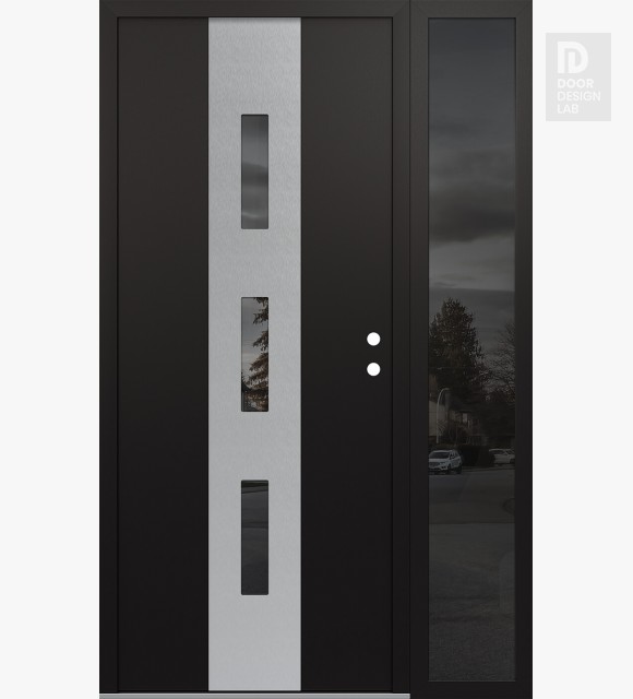 Modern Steel Front Door DIAMOND A7 48" X 80" BLACK/BLACK MIRRORED GLASS PANEL STAINLESS STEEL LHI WITH SIDELITE MIRRORED GLASS