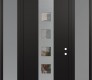 Modern Steel Front Door DIAMOND A13 64" X 96" BLACK/BLACK CLEAR GLASS PANEL STAINLESS STEEL LHI WITH 2 SIDELITES AND TRANSOM FROSTED GLASS