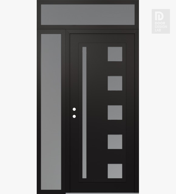 Modern Steel Front Door Diamond C3 52" x 96" black/white frosted Glass Panel black RHI with Sidelite and Transom frosted Glass