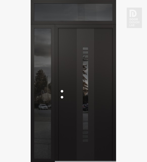 Modern Steel Front Door DIAMOND A5 50" X 96" BLACK/BLACK MIRRORED GLASS PANEL BLACK RHI WITH SIDELITE AND TRANSOM MIRRORED GLASS