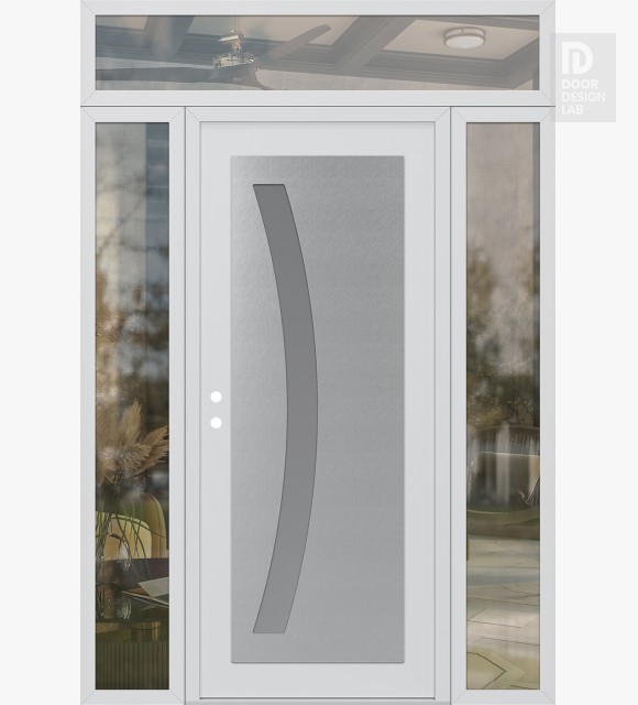 Modern Steel Front Door Diamond C4 60" x 96" white/white frosted Glass Panel stainless steel RHI with 2 Sidelites and Transom clear Glass