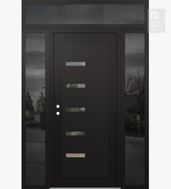 Modern Steel Front Door Diamond C8 60" x 96" black/black clear Glass Panel black RHI with 2 Sidelites and Transom mirrored Glass