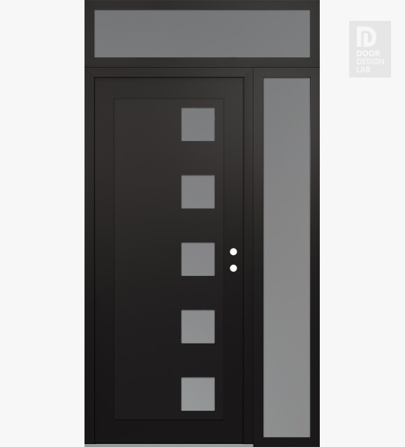 Modern Steel Front Door Diamond C5 52" x 96" black/white frosted Glass Panel black LHI with Sidelite and Transom frosted Glass
