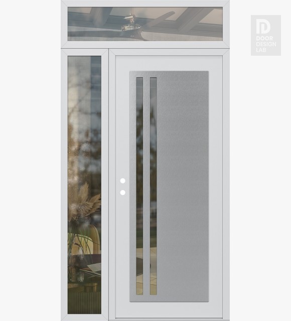 Modern Steel Front Door Diamond C6 52" x 96" white/white clear Glass Panel stainless steel RHI with Sidelite and Transom clear Glass